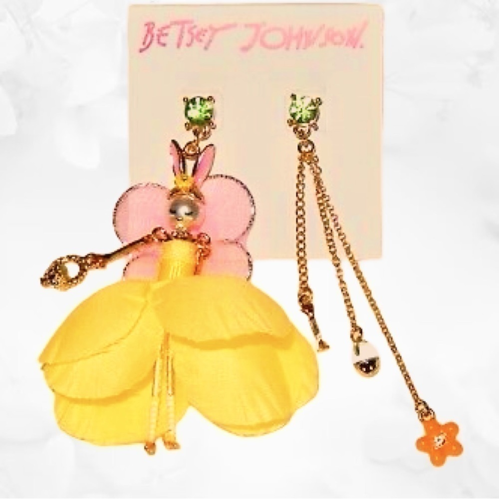 Betsey Johnson Bunny Fairy Earrings MisMatch Set Crystal Rhinestones Yellow Pink - Picture 5 of 5
